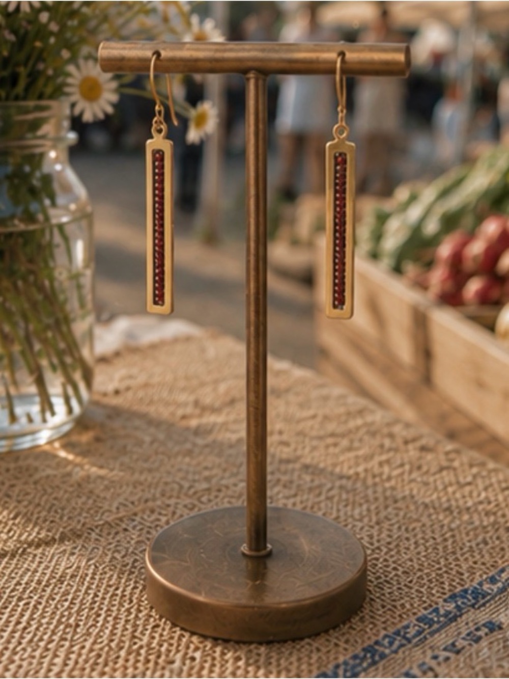 Handmade Brass Bar Earrings with Burgundy Picasso Beads
